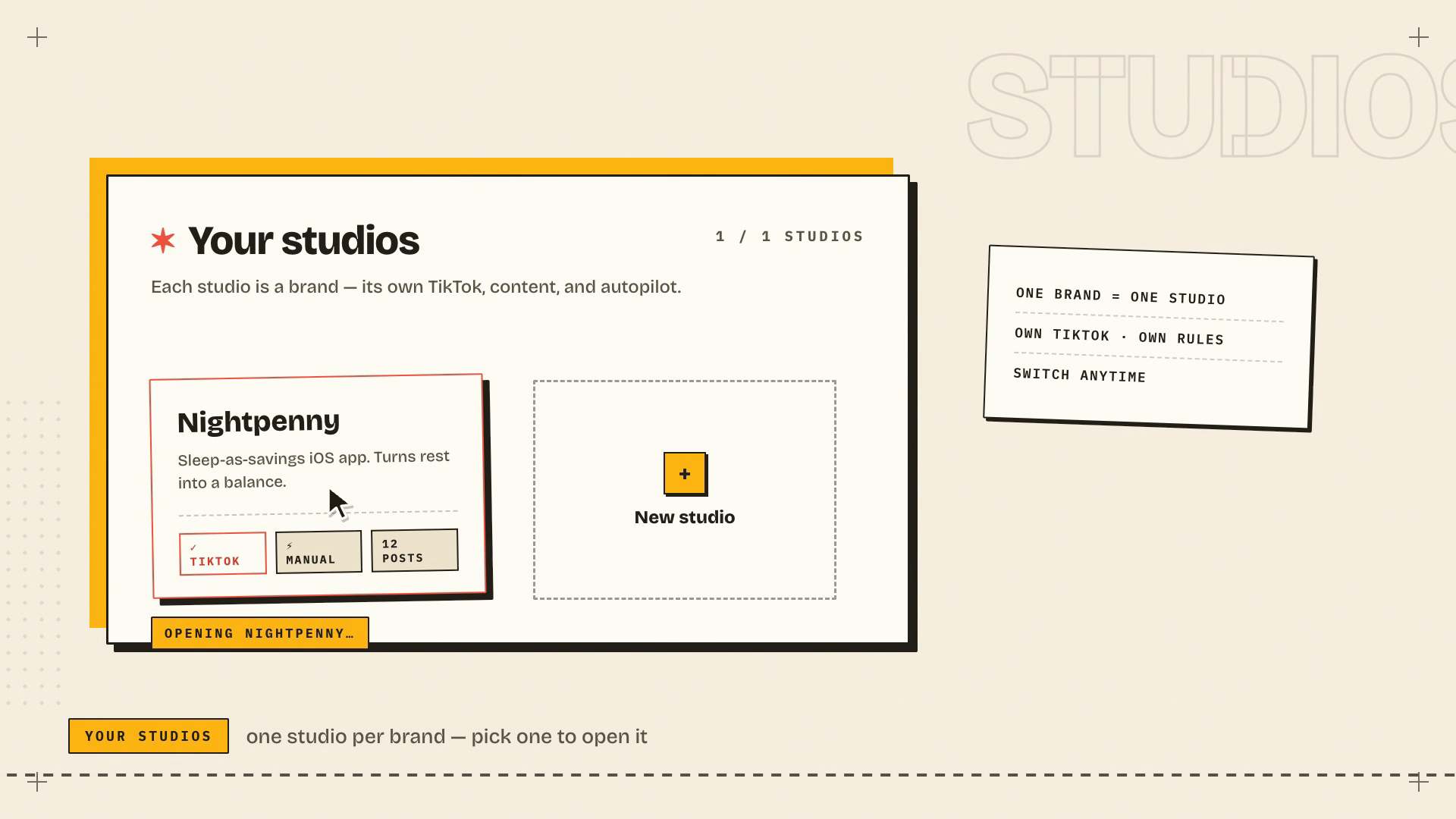 Slidehook studios screen. Each studio is one brand with its own TikTok account, content and autopilot.