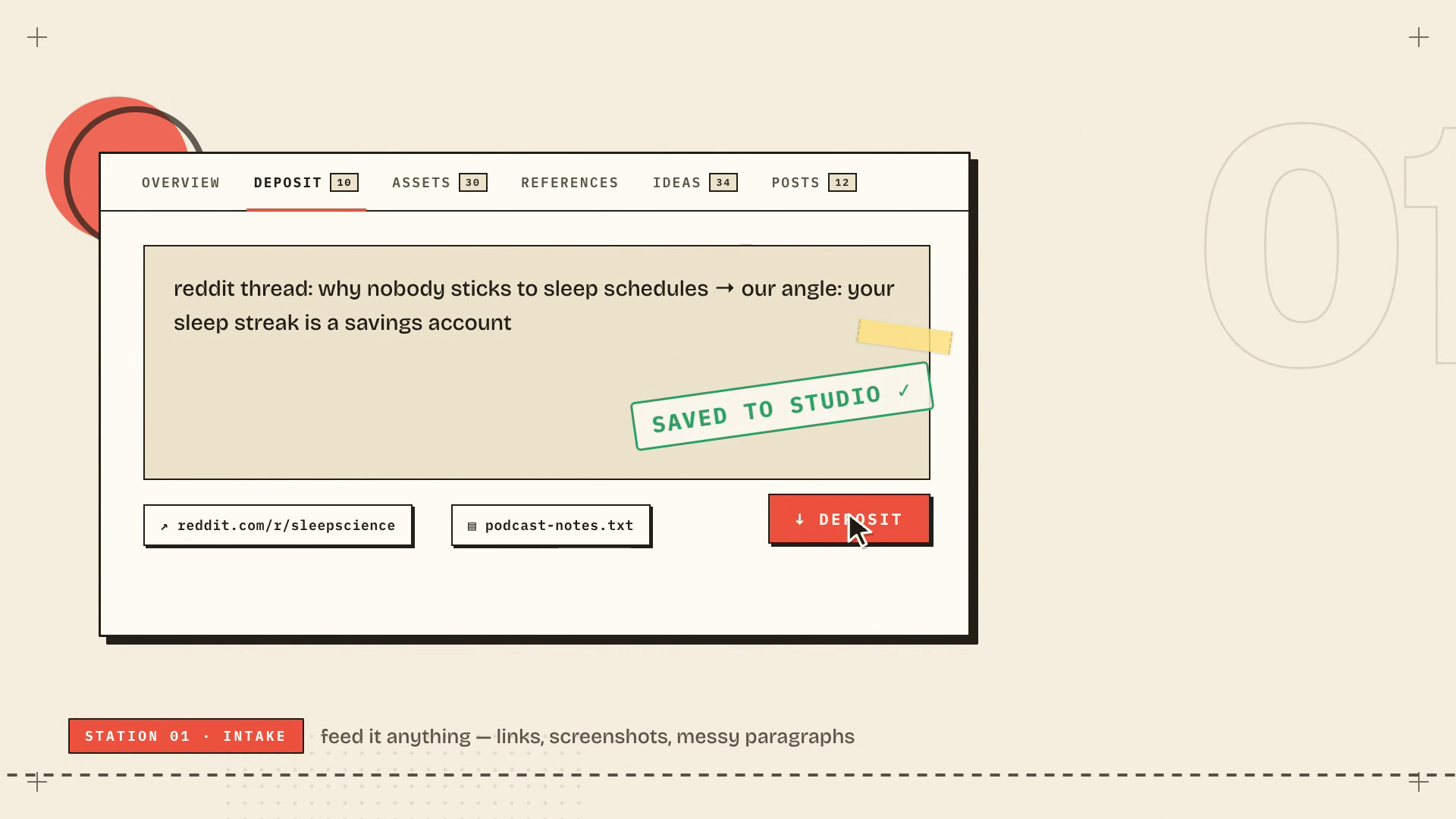 Slidehook deposit space. A Reddit thread pasted in and saved to the studio as raw material, with the caption "feed it anything: links, screenshots, messy paragraphs."