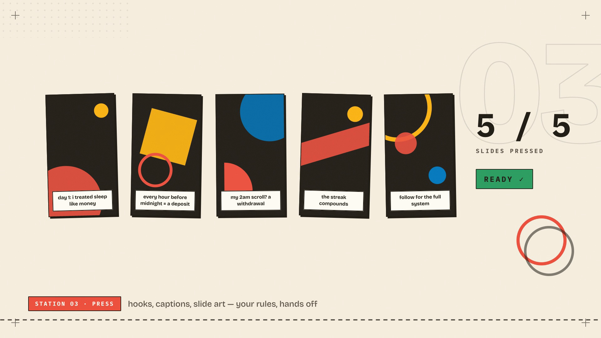 Five dark slides laid out like printed cards, 5/5 pressed, status READY. Hooks, captions and slide art generated.